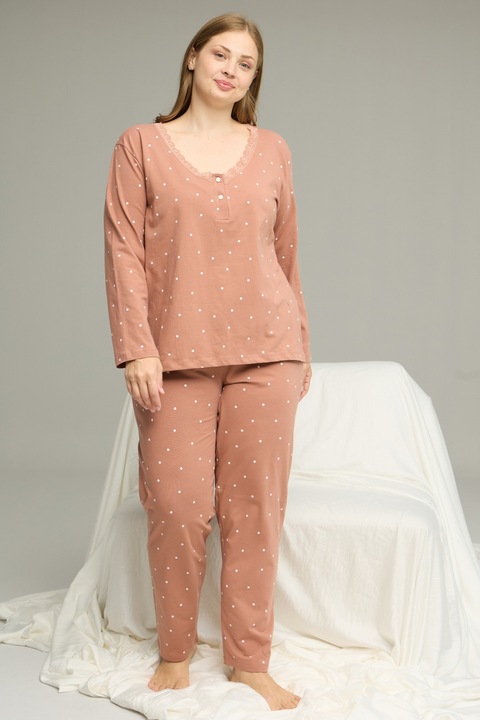 Pijama dama, Sexen, Plus Size, cu buline, cu dantela, Roz prafuit