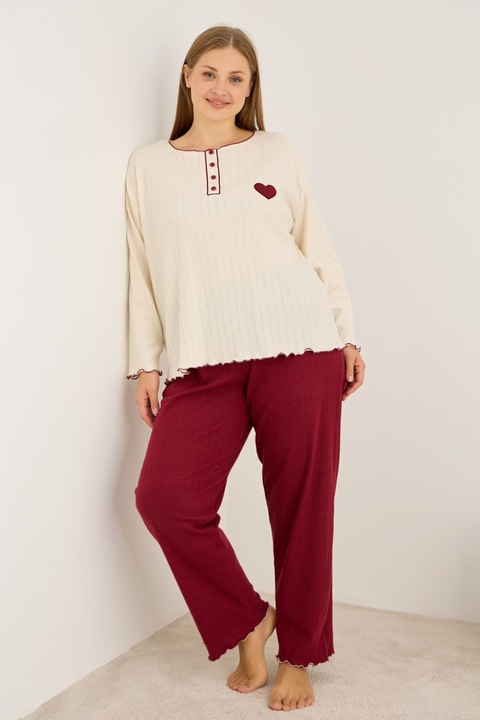 Pijama dama Plus Size, Siyah Inci, croiala lejera, material moale, 3XL INTL, Visiniu/Bej