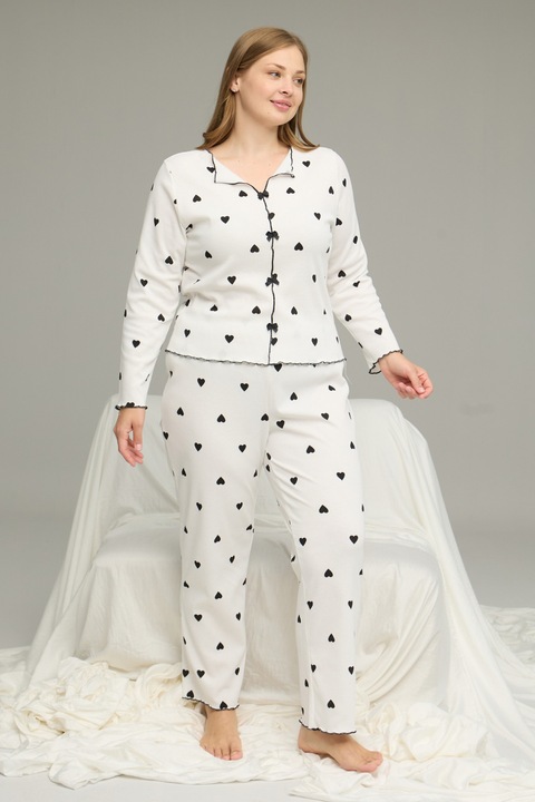 Pijama dama, Siyah Inci, cu inimioare negre, maneca lunga, fundite, croiala dreapta, set, Alb