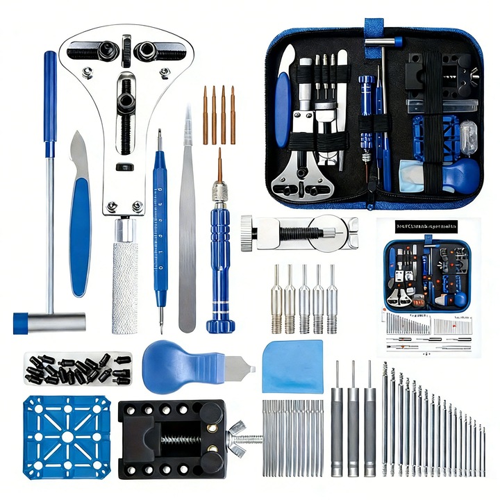Set instrumente repararea ceasurilor, asskanaer, 208 piese, Cu geanta de transport si manual, surubelnite, husa, penseta, cheie, Otel aliat, 20.5*10*4.5 CM, Albastru