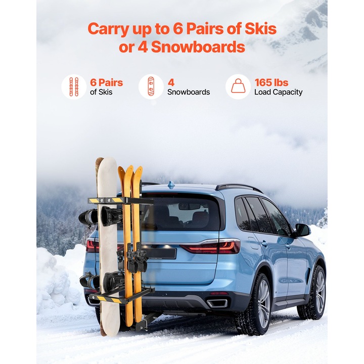 Autós sí- és snowboardtartó, 50 mm-es vonóhorogra szerelhető, 6 pár síléc/4 snowboard, Összecsukható, Dönthető, Kulccsal zárható, Biztonsági pánt