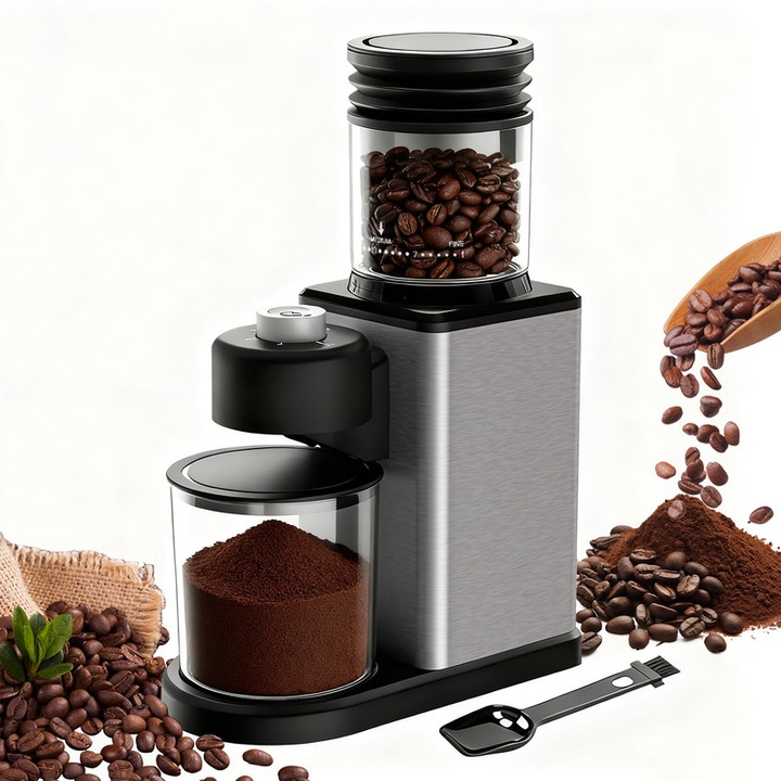 Rasnita de cafea electrica compacta Congeowe cu freza conica & pompa de curatare, 25 de setari de macinare pentru espresso pana la french press, antistatica, recipient 120g, Negru