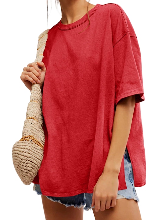 Дамска тениска Imily Bela с овърсайзър размер, къс ръкав, кръгла яка (10128), Червен