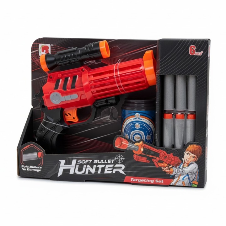 Set Pistol De Jucarie Cu Tinte Tip Doza, 6 Proiectile Din Spuma, Model Pusca Hunter, Jucarie De Tir