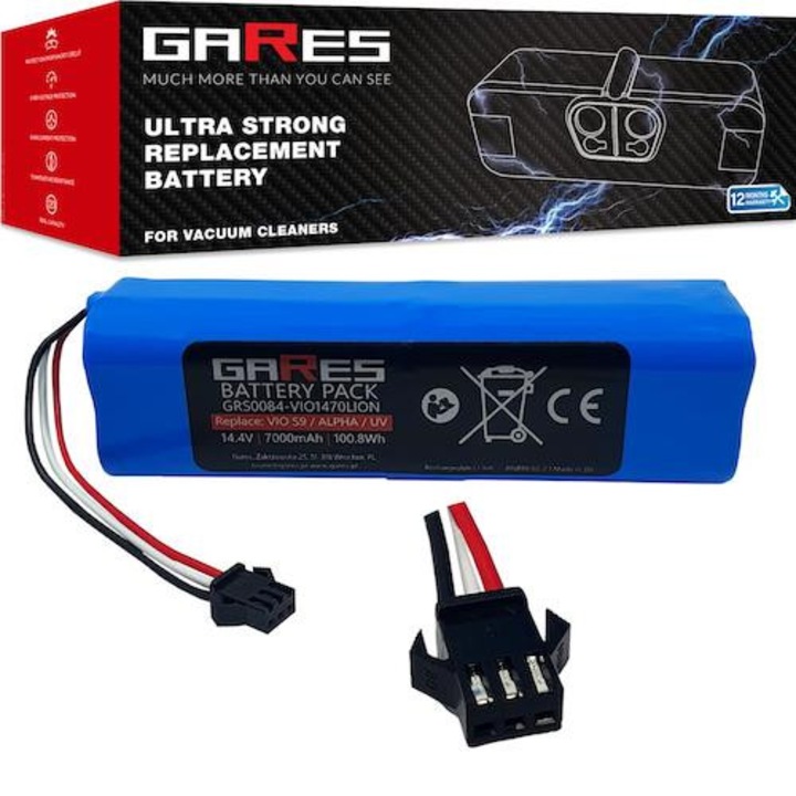 Baterie, Gares,14.4V, 7000mAh, pentru aspiratoare Viomi S9/S9 Alpha/UV, Roidmi Eve Plus, Lenovo T1 Pro, Proscenic M7/M8, Cobbo Pro 27, Concept VR3210, Li-ion, protectie BMS, 13.3 x 3.6 x 3.6 cm