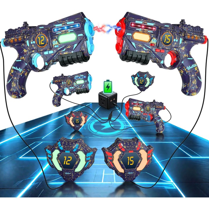 Set pistol Laser Tag cu 2 pistoale reincarcabile si 2 veste, cu lumini si efecte sonore, pentru interior si exterior, infrarosu, design multicolor