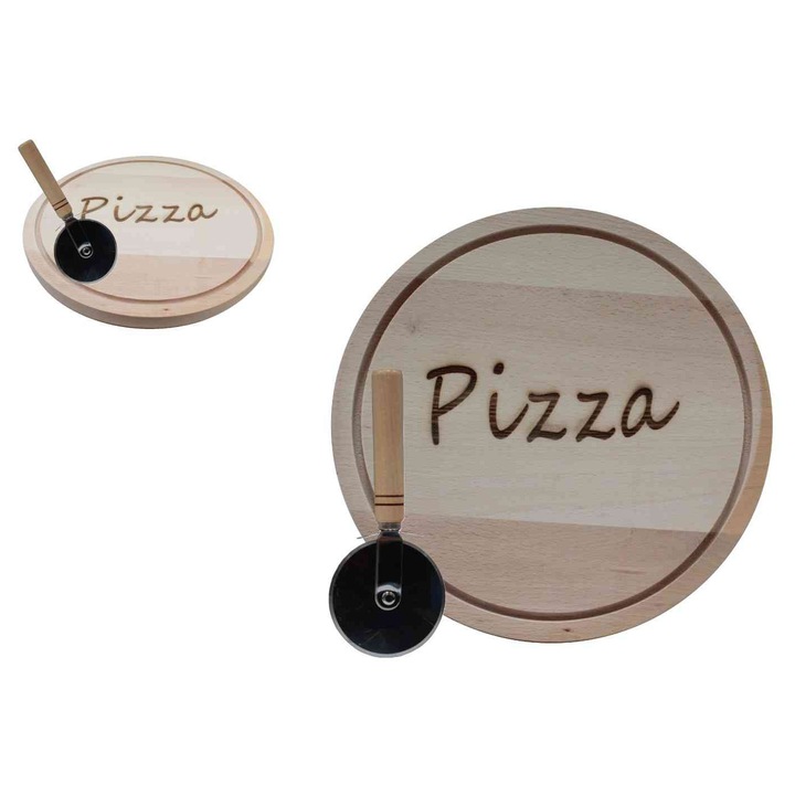Suport Pizza din Lemn cu Inscripție 30cm + Tăietor Pizza (20/#)