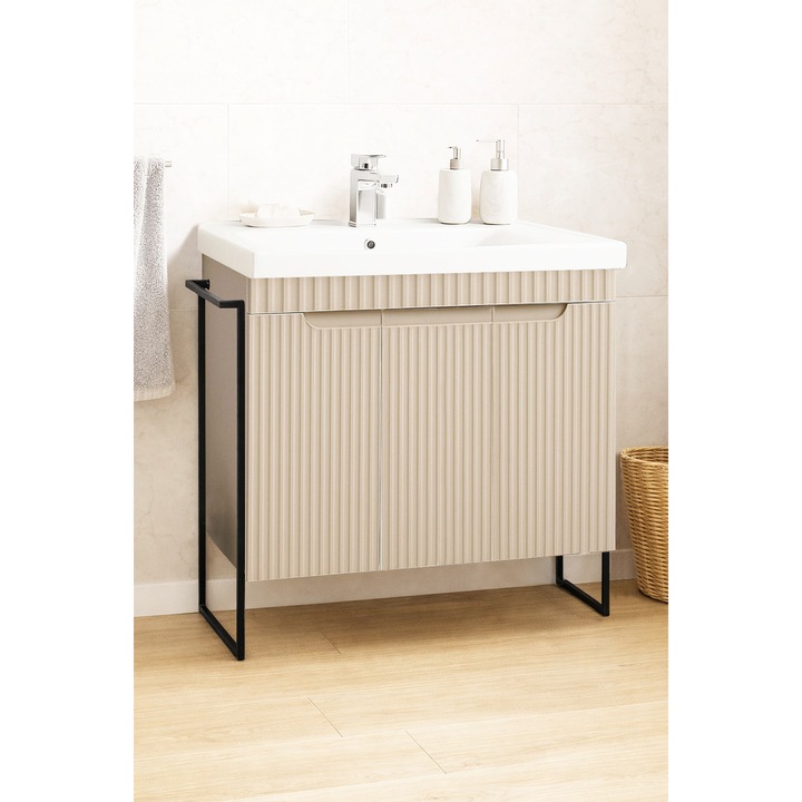 Set mobilier de baie MDF si lavoar Badenmob, seria 733, Cadru metalic, 80x46x91cm, Crem