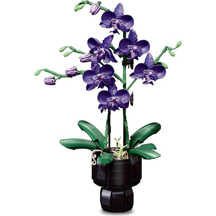 Orchidea építőelem-készlet, lila műorchidea vázával, virágos növénygyűjtemény lányoknak, művirág-kompozíció készlet, ideális ajándék lányoknak születésnapra vagy Valentin-napra