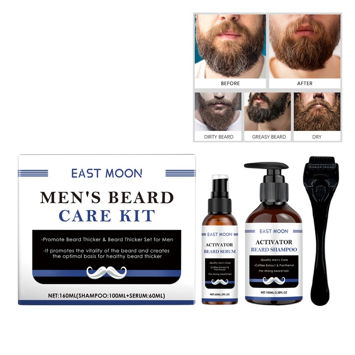 Kit Îngrijire Barba EAST MOON, Sampon Activator + Ser Activator + Roller, Curatare Profunda, Multicolor