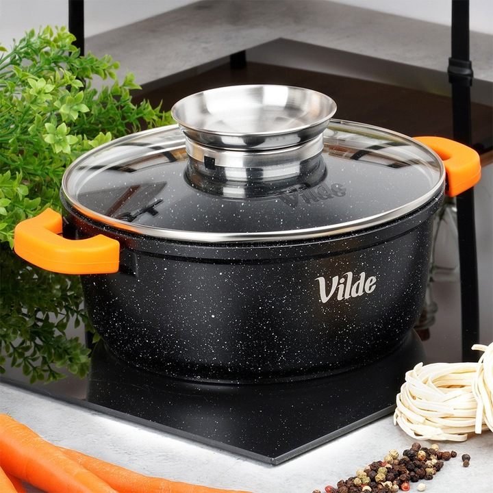 Oala Universala Cu Strat Antiaderent Din Granit Si Capac Termorezistent Cu Dozator Lichide Vilde Terruna Aroma, Diametru 20 Centimetri, Volum 2.1 L, Functioneaza Pe Inductie Si In Cuptor, Dotata Cu Protectii Din Silicon Portocaliu Pentru Manere