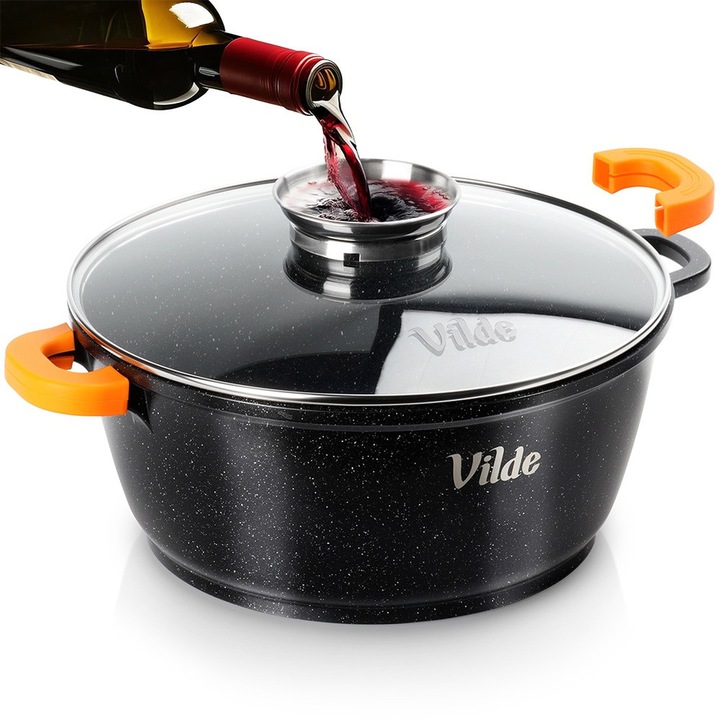 Oala granitica cu capac, Artemis, 28 cm, 5,8L, cu manere din silicon, rezistenta la temperaturi ridicate, neagra