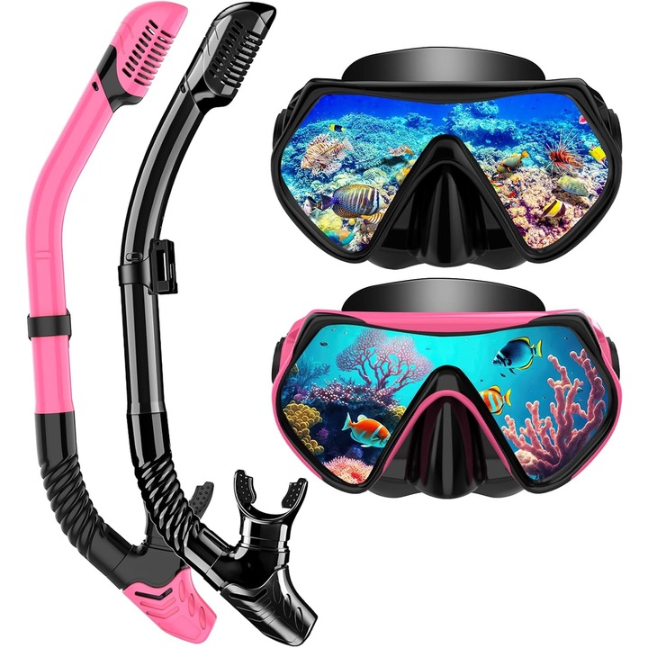 Echipament Snorkeling pentru Adulti LITTLEJSY, Set Snorkel cu Supapa Dry-Top si Masca de Scufundare, Vizibilitate Panoramica 180°, Plastic, culoare Roz si Negru