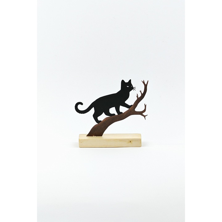 Decoratiune mobila Cat on Tree, Negru/Maro, Fetisshop, Dimensiunea 14x16 cm