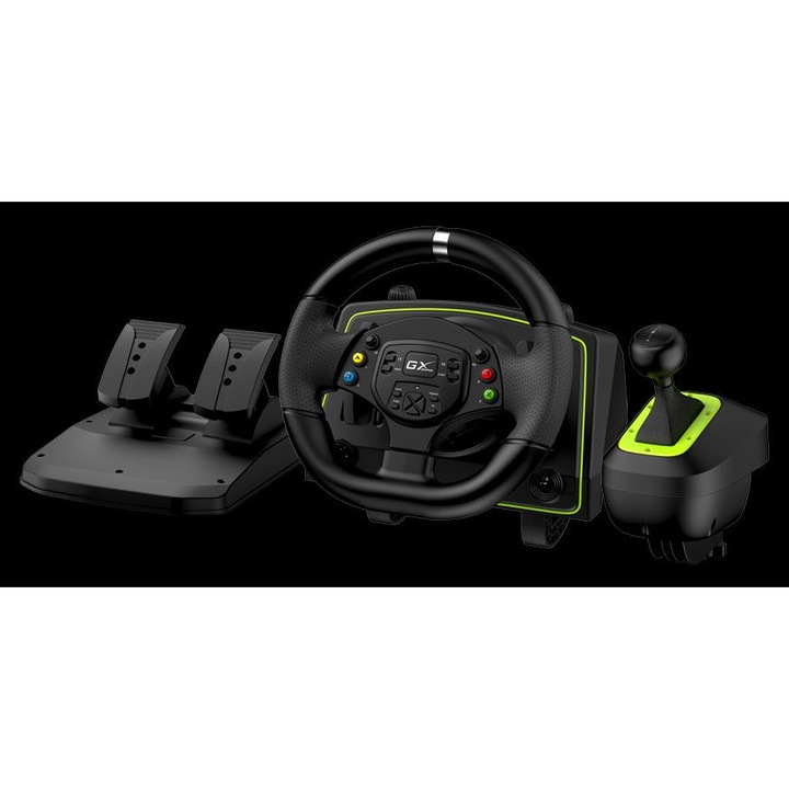 Volan/pedale Genius GX Gaming Wheel SpeedMaster X2, PC/PS3/PS4/Xbox Series X/XBOX 360/XBOX ONE, USB, Modul schimbător de viteze, Două pedale, Funcție de vibrații, Force feedback, negru