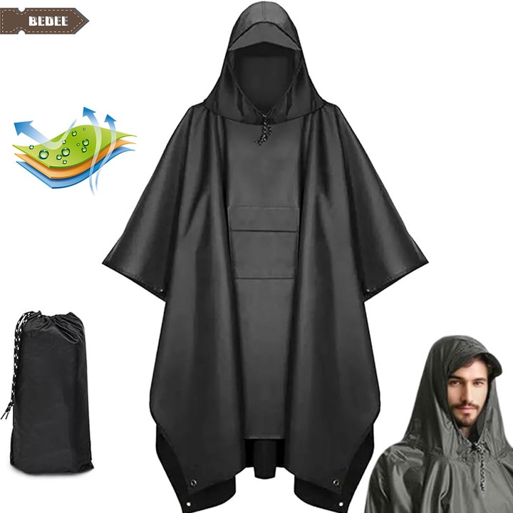 Pelerina ploaie multifunctionala 3in1, Bedee, Jacheta de ploaie multifunctionala in aer liber cu gluga, Design ergonomic, rezistenta la apa de 5000 mm, design ultra-usor, geanta pliabila pentru camping, drumetii, Negru