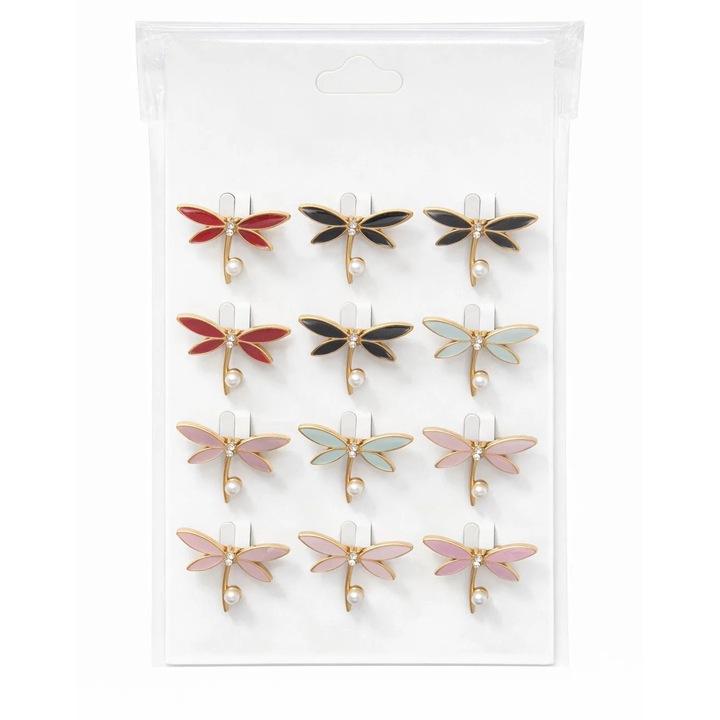 Set 12 brose Martisor pe carton prezentare, 17x10 cm, Cadou 1 Martie, Libelule diverse culori