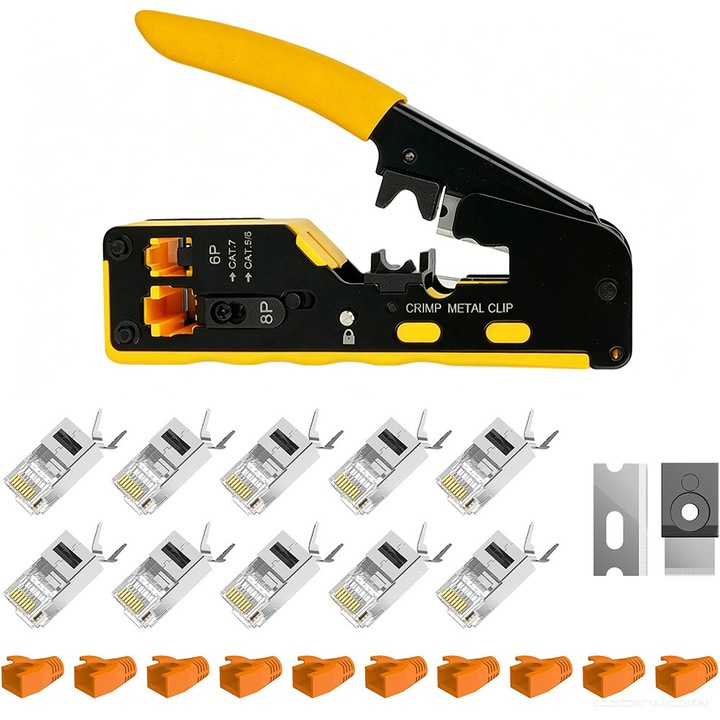 Set cleste de sertizare multifunctional, Bedee, cablu retea UTP, FTP, conectori RJ45, RJ11, RJ12, pass through, Compact si portabil, usor de utilizat, Negru/Galben