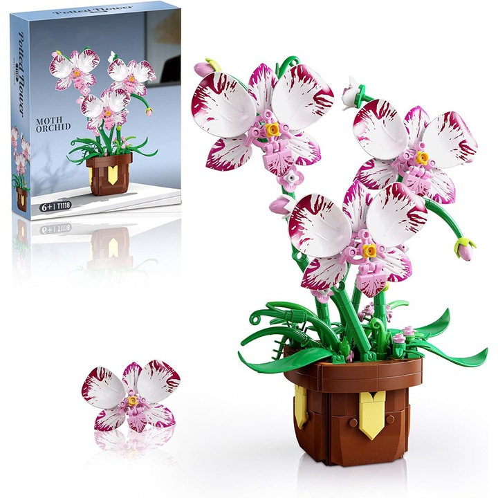 Set De Constructie Floare, Bedee, 355 PCS, ABS, Model cu Motiv de Orhidee, Potrivit pentru decorarea dormitorului, camerei de zi si biroului,20.5 x 10.9 x 24.7cm, Alb + Verde + Maro