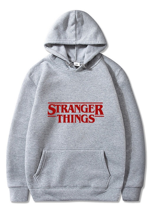 Hanorac barbati cu gluga cu tematica Stranger Things, fleece, gri, Gri deschis