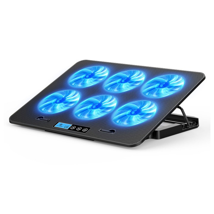 Suport pentru laptop, Fantasy, 6 ventilatoare cu viteza reglabila, ecran LCD, 2 porturi USB, 377x282x31mm, compatibil cu laptop-uri de pana la 18inch, 2400-3500 RPM, Reglare inaltime pe cinci niveluri, Functionare silentioasa, racire rapida
