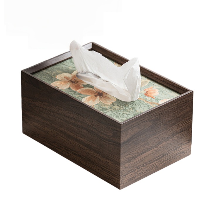 Cutie Servetele, Fantasy, 19.7*12.7*9.4cm, Fabricat din lemn, Capacitate mare, poate fi folosita ca o cutie de depozitare, Suprafata are un imprimeu floral, iar marginile sunt finisate cu textura de lemn de nuc