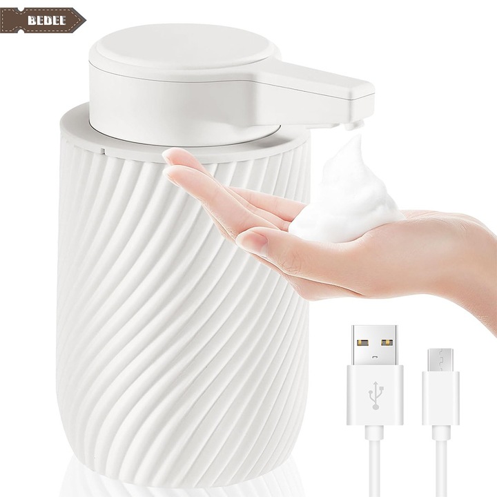 Dozator Automat Sapun, Bedee,300 ml, 1800mAh, cu senzor, Trei setari reglabile, design impermeabil IPX5, incarcare USB pentru baie, bucatarie, toaleta, Alb