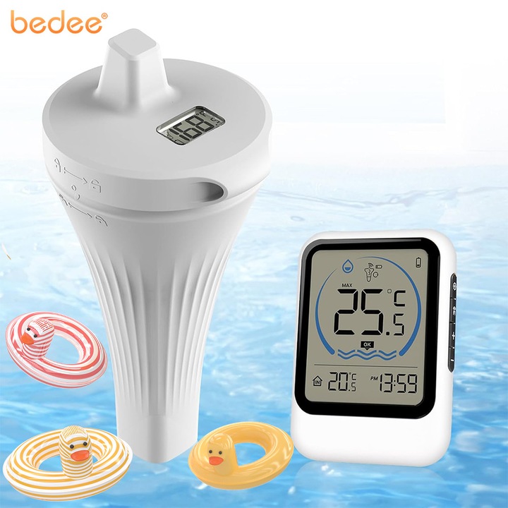 Termometru wireless piscina, Bedee, IP68, cu receptor digital de temperatura interioara, pentru piscina, jacuzzi si acvariu, raza de actiune de pana la 100 m, Alb