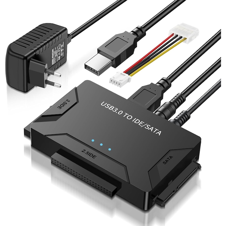 Adaptor hard disk USB 3.0 Bedee 2.5/3.5 inch IDE SATA, 6TB, cu sistemele Windows 11/10/8/7/XP/Vista, Mac OS si Linux, cu cablu SATA, cablu USB, sursa de alimentare 2A, Negru