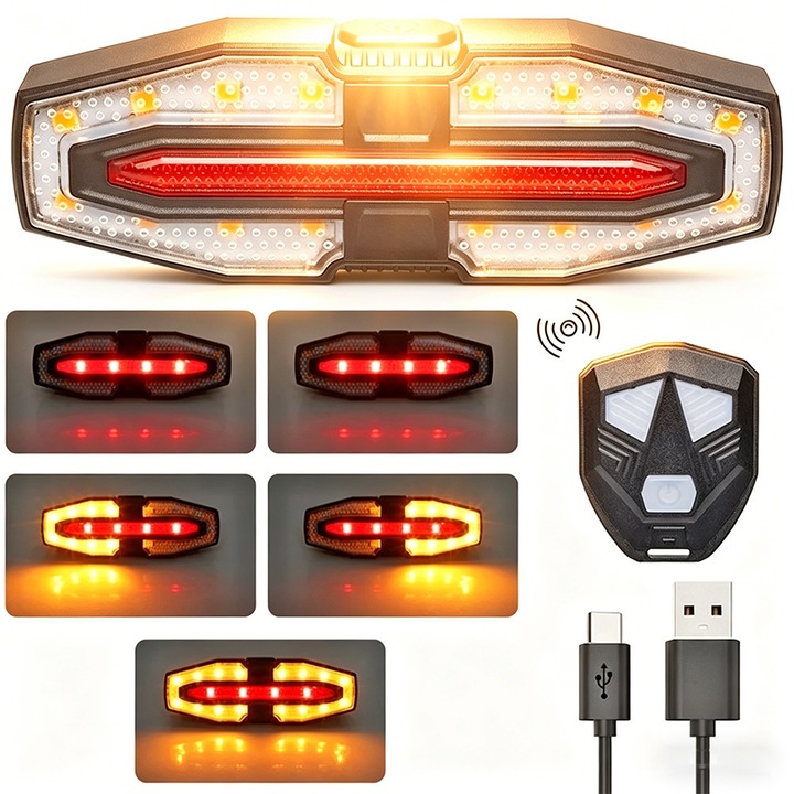 Lumina spate bicicleta Bedee cu semnalizare, 5 moduri de iluminare, telecomanda, USB, rosu-galben, reglabila, impermeabil, plastic ABS, pentru mers pe timp de noapte