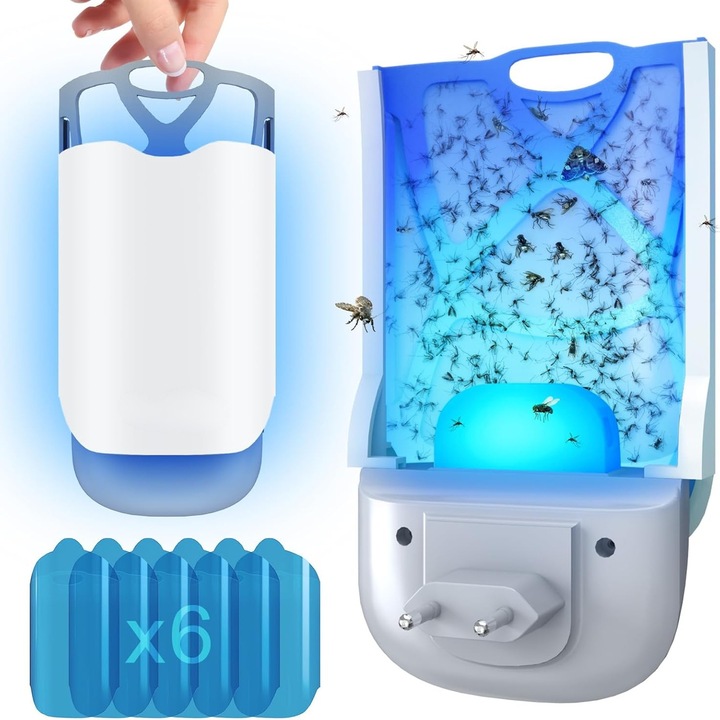 Lampa UV anti insecte, Bedee, Sigur, ecologic si economisitor de energie, pentru bucatarie si uz casnic, impotriva mustelor de fructe, mustelor, moliilor, tantarilor, 1 dispozitiv + 6 cartuse de rezerva