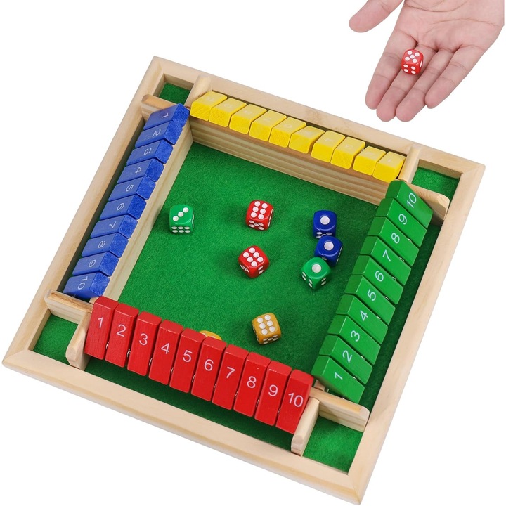 Joc de societate Bedee, Shut the Box pentru 4 jucatori, din lemn, multicolor, 8 zaruri