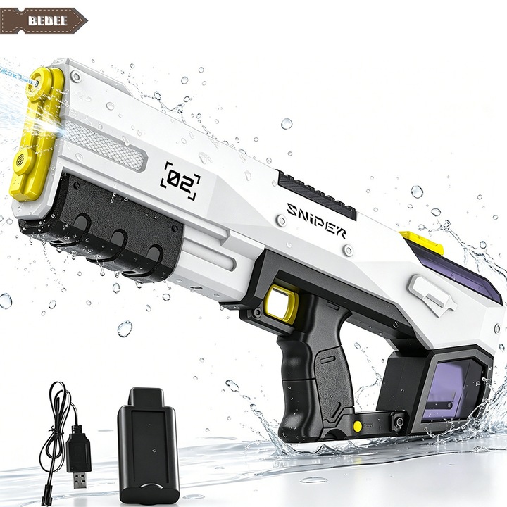 Pistol cu apa electric, Bedee, 500mah,8m raza, 450ml capacitate, 2 moduri de tragere, jucarie de vara pentru piscina, plaja, Alb/Negru