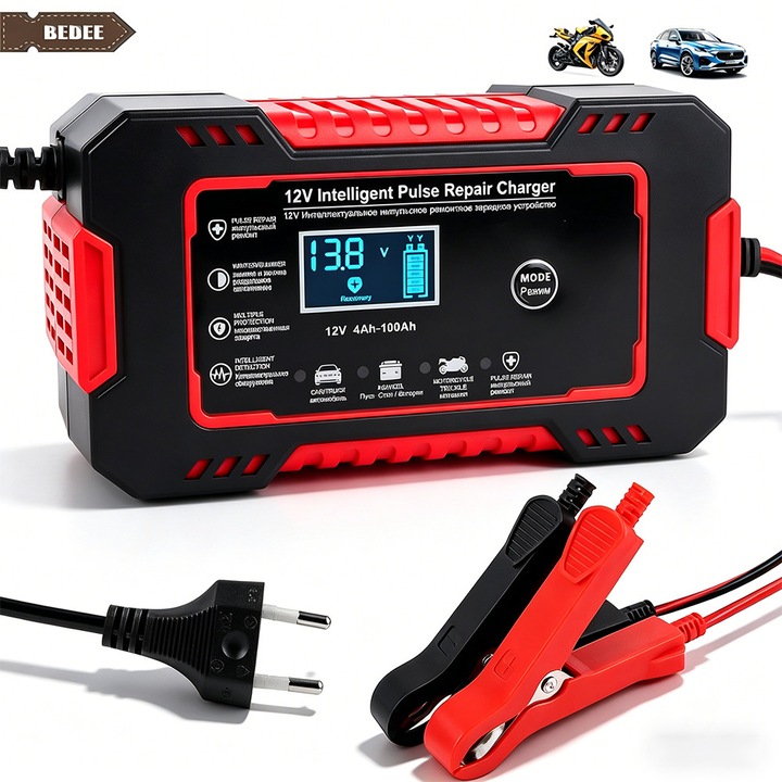 Зарядно устройство за кола 12 V Bedee, 6A, с пълна защита, LCD екран, режим за ремонт, за автомобили, мотоциклети, лодки