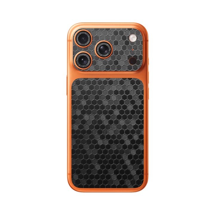 Folie iSkinz pentru Apple iPhone 17 Pro Max - Honeycomb Negru Black, Simple Cut, Skin Adeziv Full Cover, Protectie Carcasa Spate si Laterale