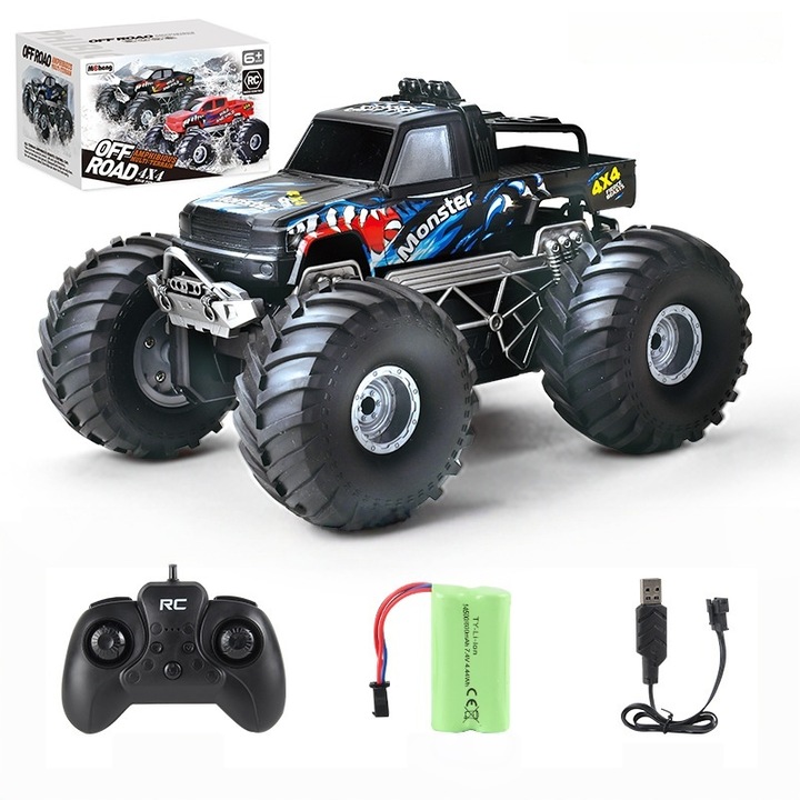 Masinuta amfibie Fantasy, 4x4, roti mari, design impermeabil, 24x19x16cm, albastru-negru