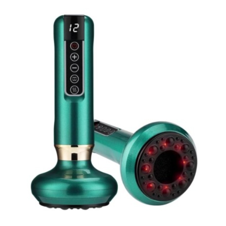 Професионален масажор за тяло BeSmart с вендуза и остъргване, Инфрачервен, 3 режима на работа, 12 нива на налягане и топлина, Детокс, Антицелулитен, Мускулна релаксация, Зелен