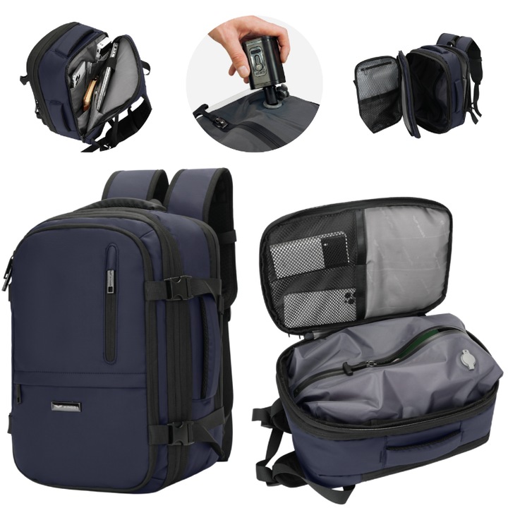 Rucsac De Calatorie Compresa Cu Compresie In Vid + Pompa Inclusa, 20L, Dimensiuni Cabina Ryanair/Wizz Air, Buzunar Laptop 15 "6", Material Impermeabil, Fermoare Anti-Furt, Culoare Albastru