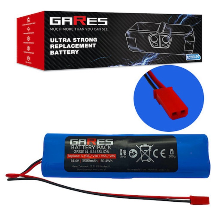 Baterie, Gares, 14.4V, 3500mAh, pentru aspiratoare ILIFE V3S, V50, V5S, V8S, V50 X750, V5S Pro, V8S X750, ZACO V3, V40, V5S Pro, V5X, 18650B4-4S1P-AGX-2, tehnologie Li-Ion, BMS, 13.3 x 1.8 x 3.7 cm