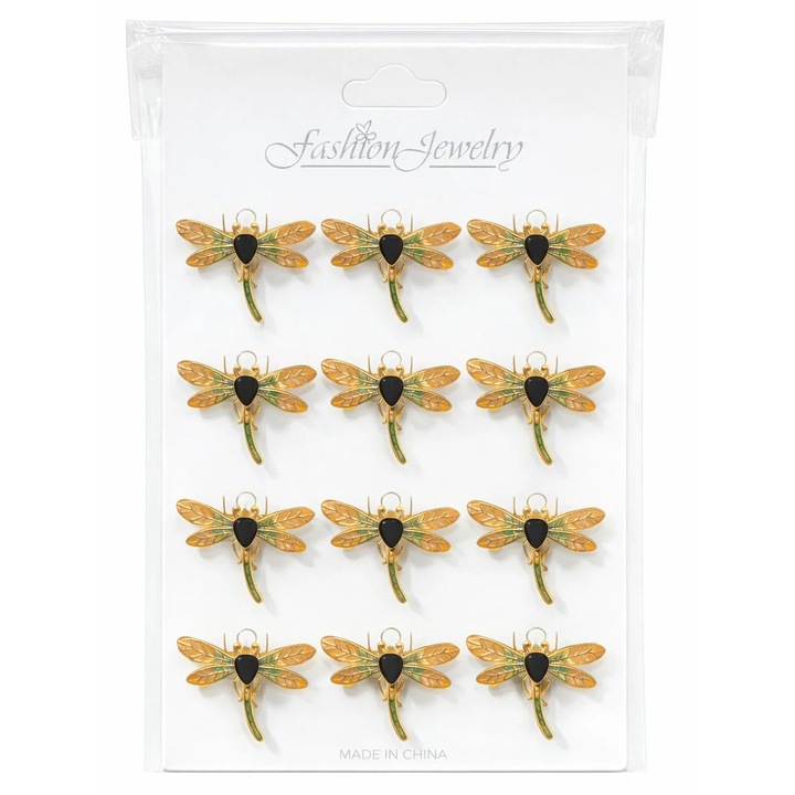 Set 12 brose Martisor pe carton prezentare, 17x10 cm, Cadou 1 Martie, Libelula auriu / portocaliu