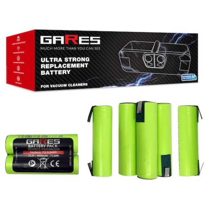 Baterie, Gares, 25.2V, 3000mAh, pentru aspiratorul Philips PowerPro FC6409, FC6408, FC6171, tehnologie Li-ion, eficienta, protectie la supraincarcare, si supraincalzire, 5.0 x 2.9 x 6.5 cm