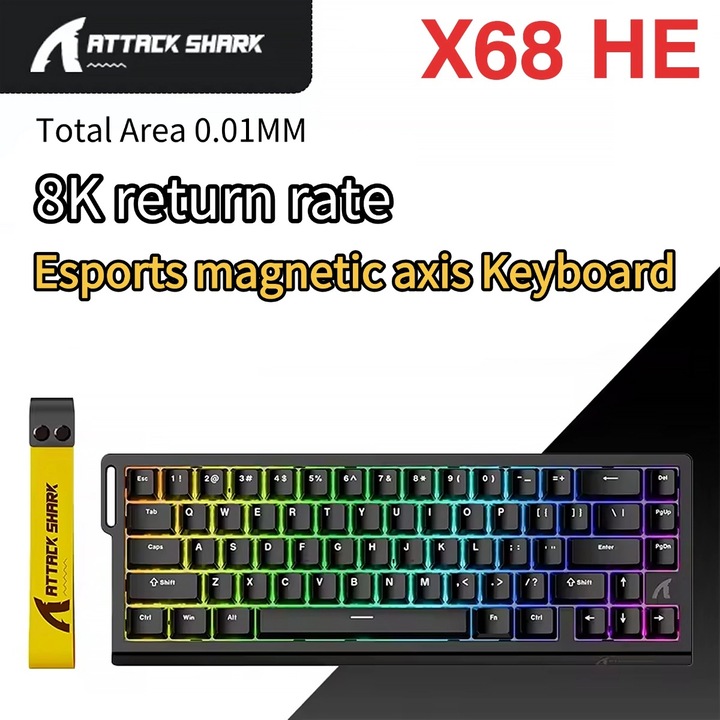 Tastatura mecanica de gaming ATTACK SHARK® X68 HE cu declansare rapida, rata de interogare de 8 kHz, iluminare din spate RGB, montare superioara pentru PC Mac Esport Gamer (negru)