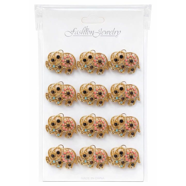 Set 12 brose Martisor pe carton prezentare, 17x10 cm, Cadou 1 Martie, Elefant multicolor