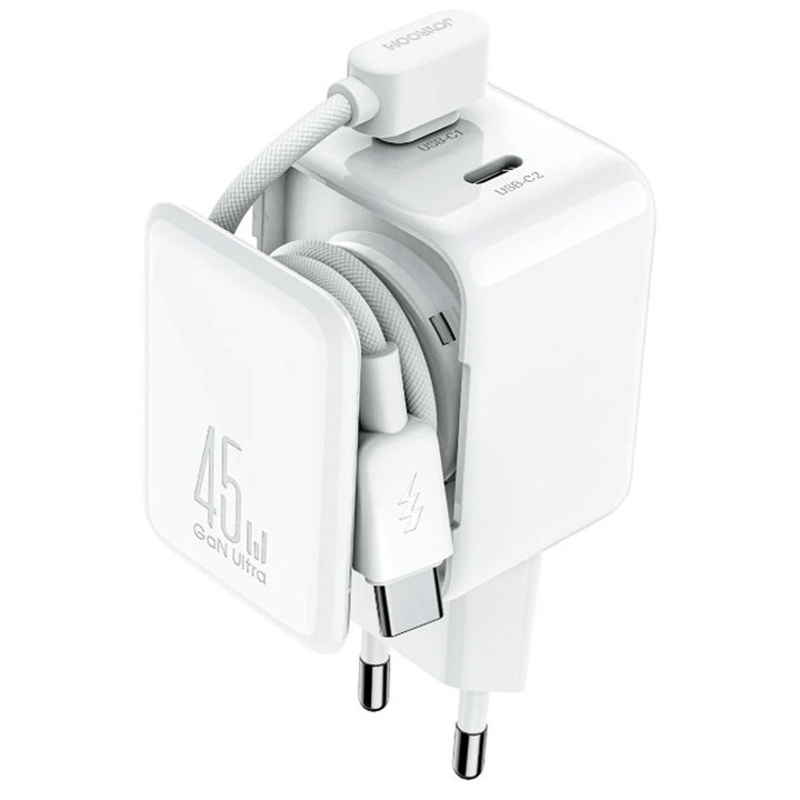 Joyroom JR-TCL05 hálózati töltő Type-C kábellel, dupla Type-C port, 45W teljesítmény, fehér