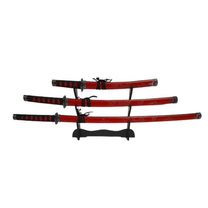 Set 3 sabii decorative Katane Miti, otel, teaca inclusa, 50x77x98cm