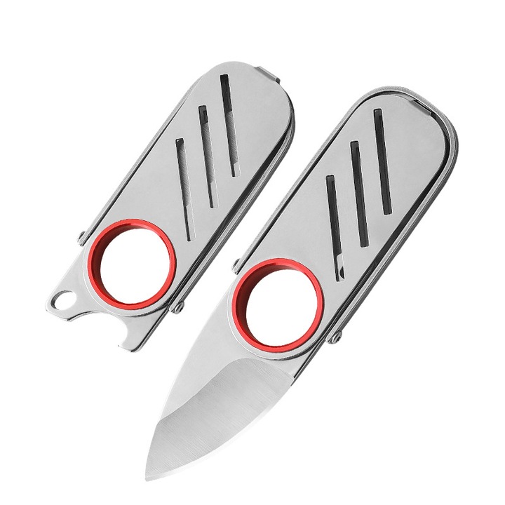 Cutit de buzunar 2 in 1, inox, pliabil, inel decorativ rosu, 11.5x2.7cm