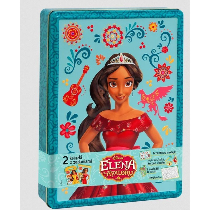 Set de carti Elena din Avalor cu accesorii, 2 carti, poster, papusa din hartie, coroana, berlo, argintie