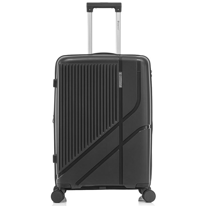 Troler mediu extensibil Quasar & Co.®, 66x43x27-31cm, bagaj de cala, troller cu cifru, valiza cu fermoar antifurt, maner telescopic lung, geamantan cu 4 roti duble silentioase 360°, PP, rezistent, 2 compartimente cu buzunar, AERO, negru