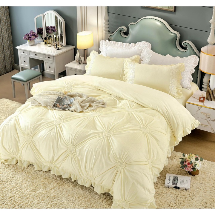 Lenjerie de pat, catifea, 2 persoane, 4 piese, UniDeluxe cu pliuri inima, 180x200cm, crem deschis, LFC902