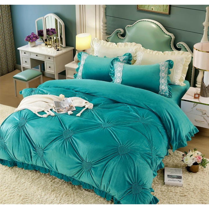 Lenjerie de pat, catifea, 2 persoane, 4 piese, UniDeluxe cu pliuri inima, 180x200cm, turcoaz, LFC909